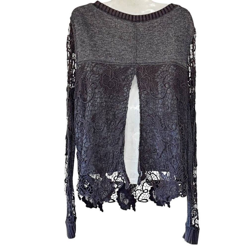 Free People Pretty Rad Sweater Graphite Black Round Neck Crochet Lace Goth Med - Picture 10 of 15